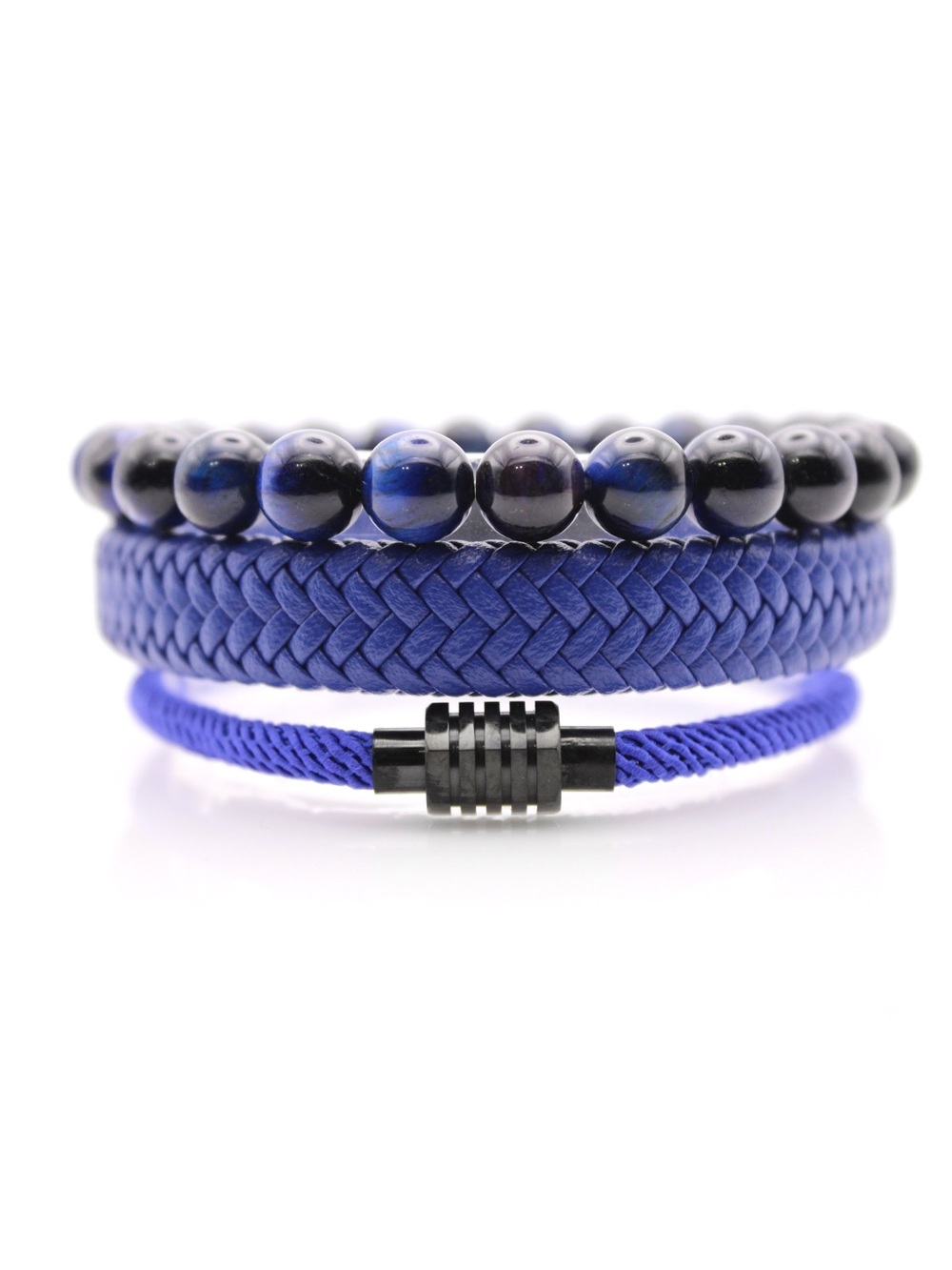Men's Blue Beaded and Braided Multi-Row Bracelet Set